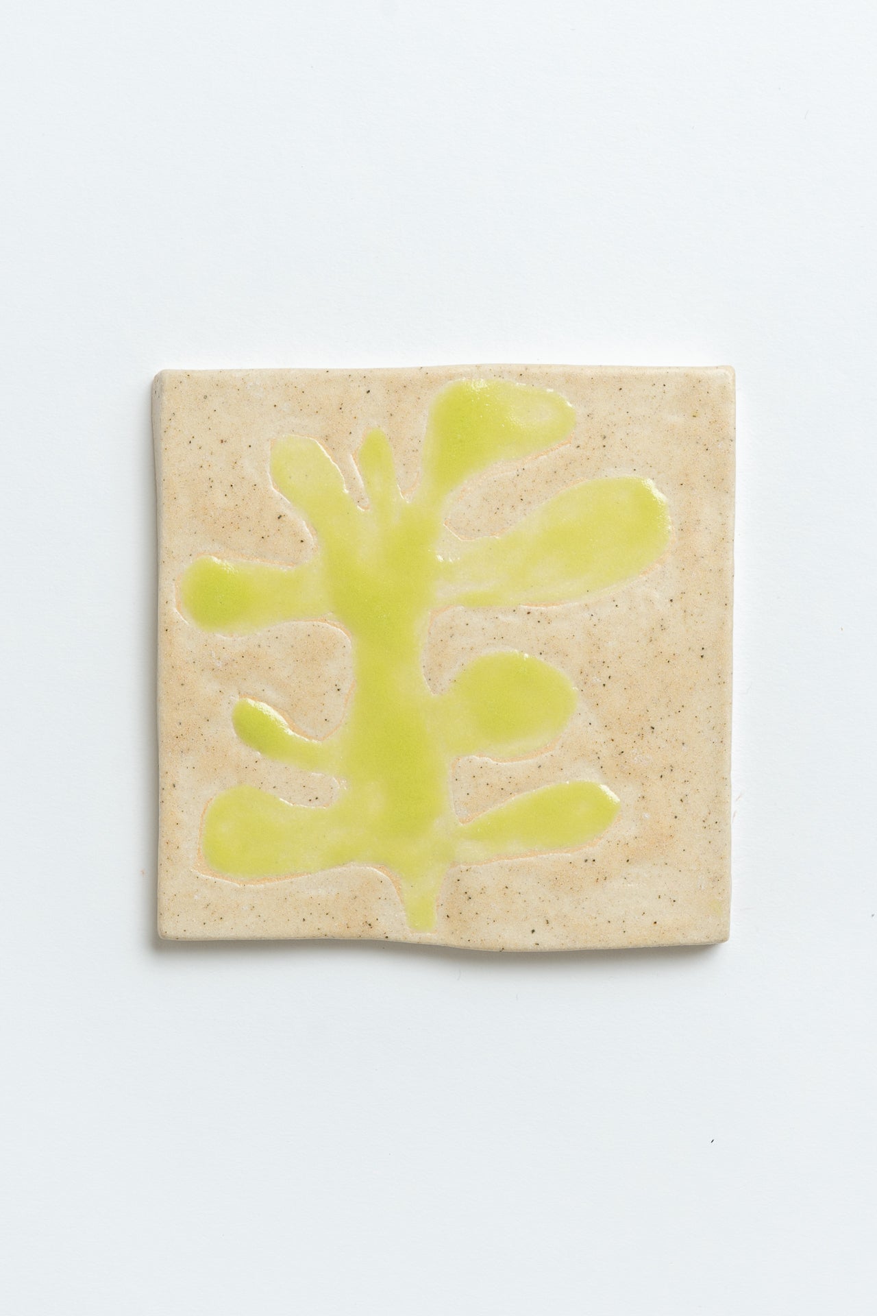 Hand painted ceramic tile with green leaf motif and beige background. MIMMO Studios x Studios Alice Johnson collaboration.