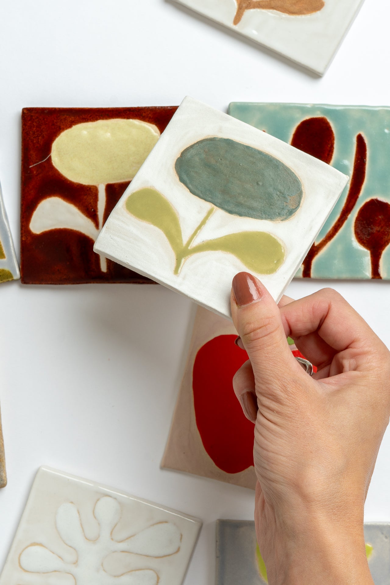 Ceramic 'Green Flower' Hand Painted Tile