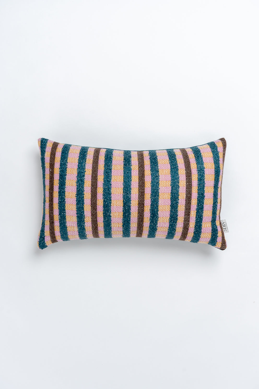 A rectangular bolster cushion with a striped pattern in multicolor yarns.