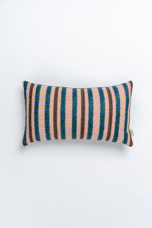 A rectangular bolster cushion with a striped pattern in multicolor yarns.