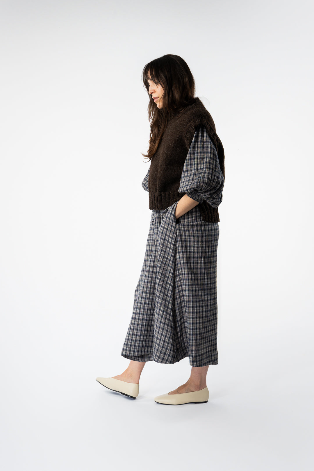 Organic Cotton Check Carola Dress Navy & Beige