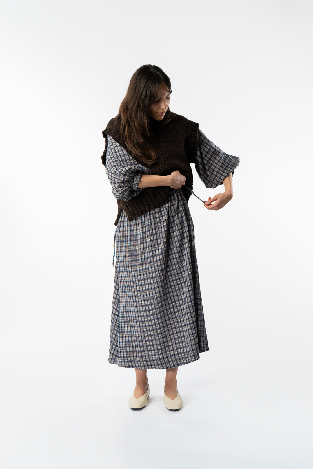 Organic Cotton Check Carola Dress Navy & Beige