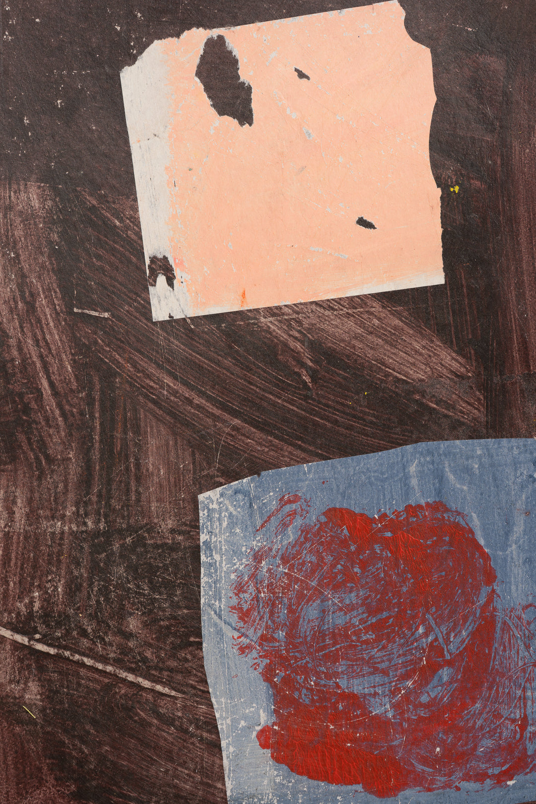 Abstract art piece with brown, red, and blue elements on a dark background by Contemporary British artist Maisie Pack