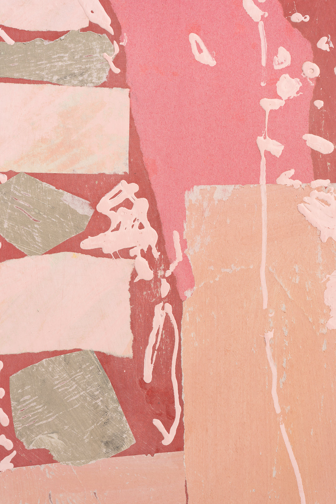 Abstract art with pink, green, and beige colors on a textured background by British artist Maisie Pack