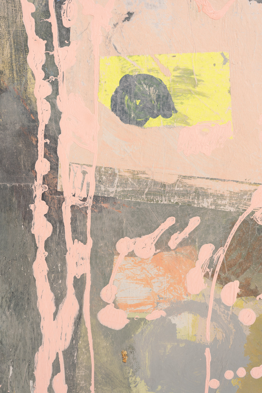 Abstract art with pink, yellow, and black elements on a textured background by contemporary British artist Maisie Pack