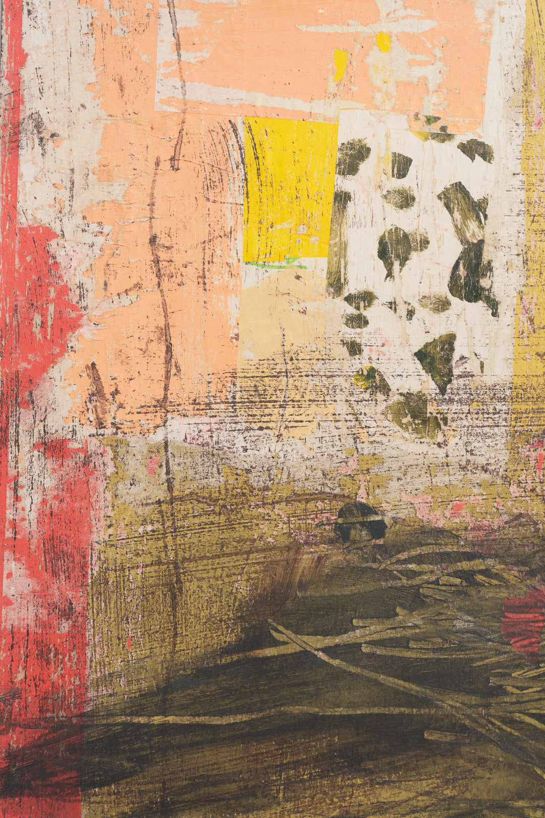 Abstract art piece with a mix of colors and textures by contemporary British artist Maisie Pack