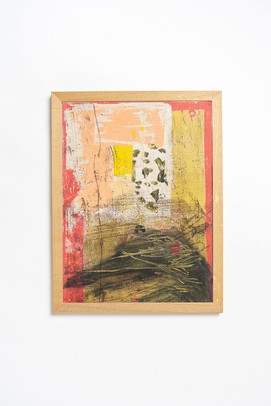 Abstract art piece with a wooden frame on a white background by contemporary British artist Maisie Pack