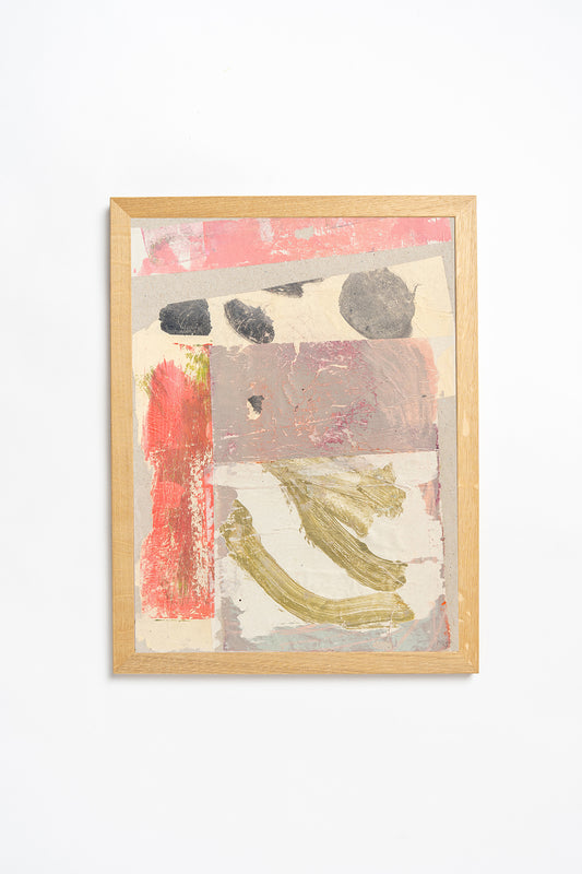 A framed mixed media original artwork featuring abstract elements in beige, pink, black, and other colours on a white background by contemporary British artist Maisie Pack