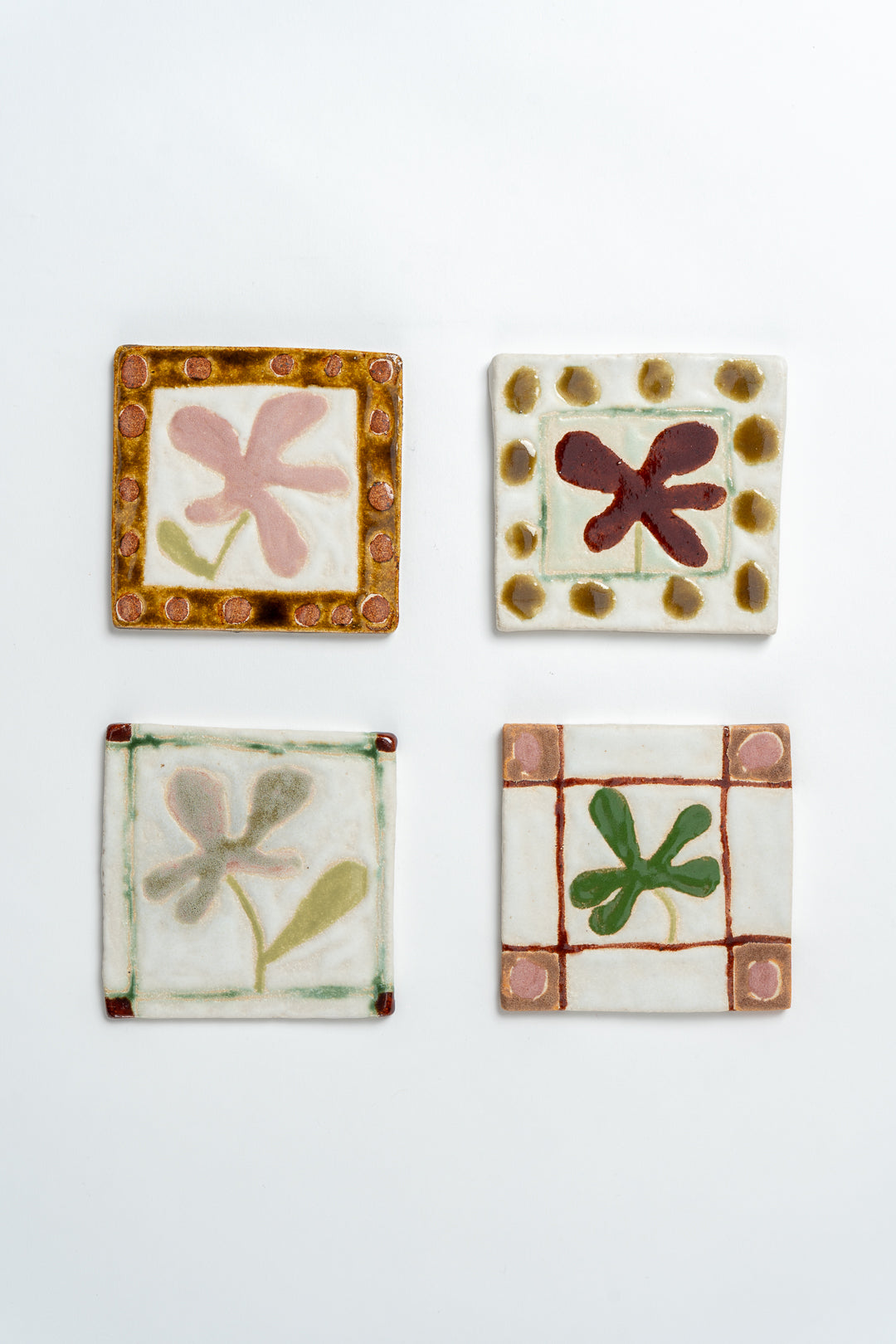 Hand Painted 'Framed Flower' Ceramic Tile Red
