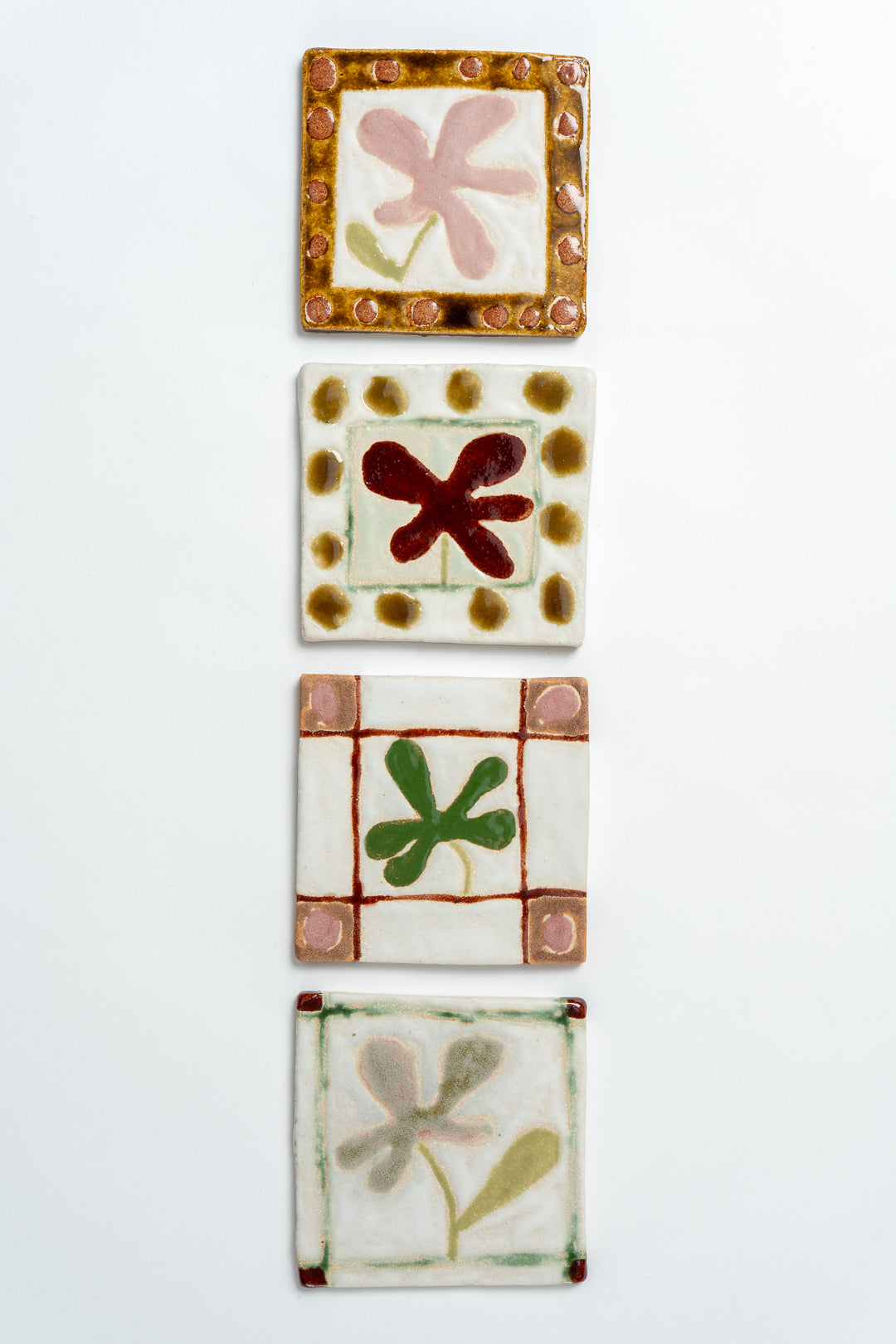 Hand Painted 'Framed Flower' Ceramic Tile Red