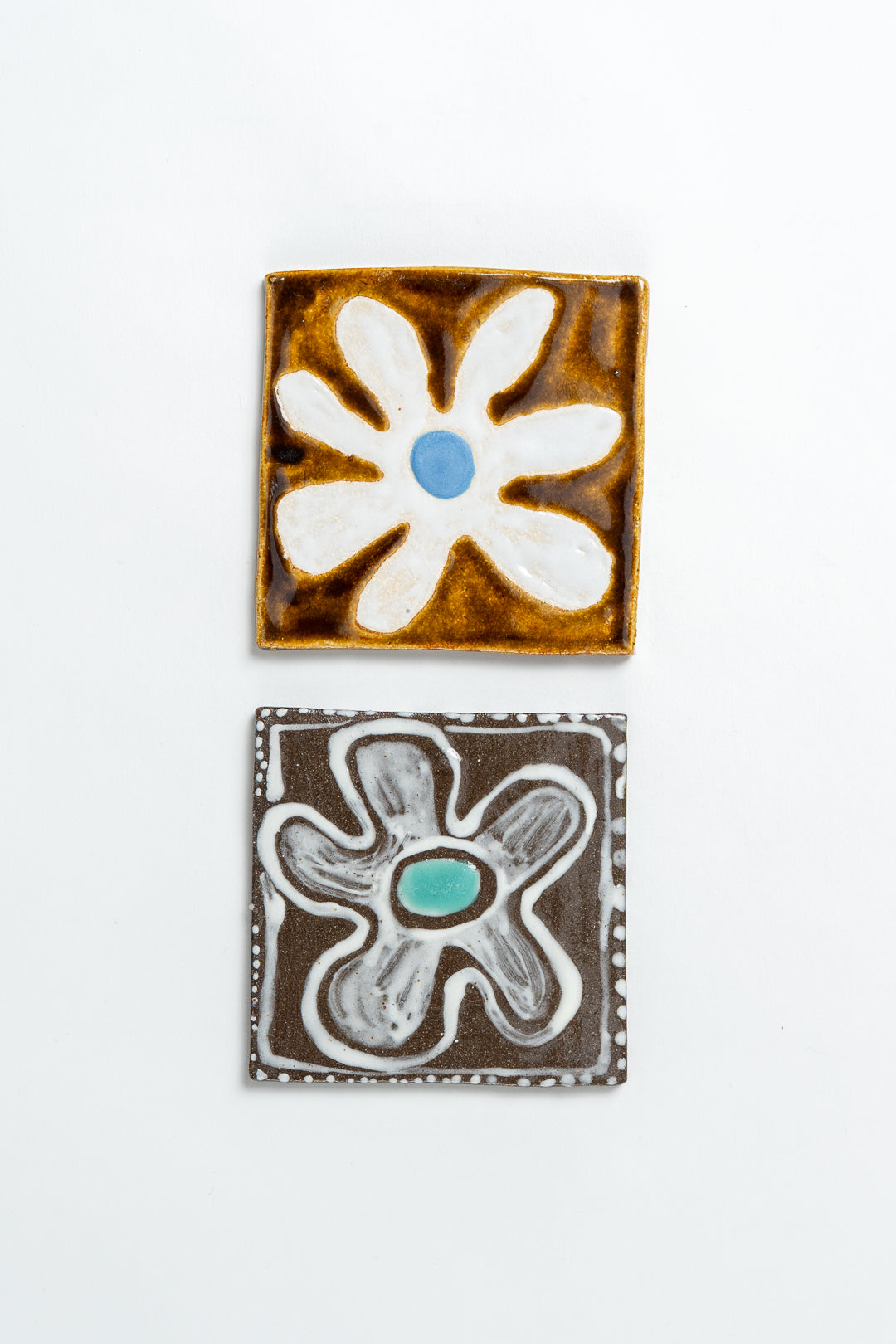 Hand Painted 'Flower' Ceramic Tile Turquoise & Brown
