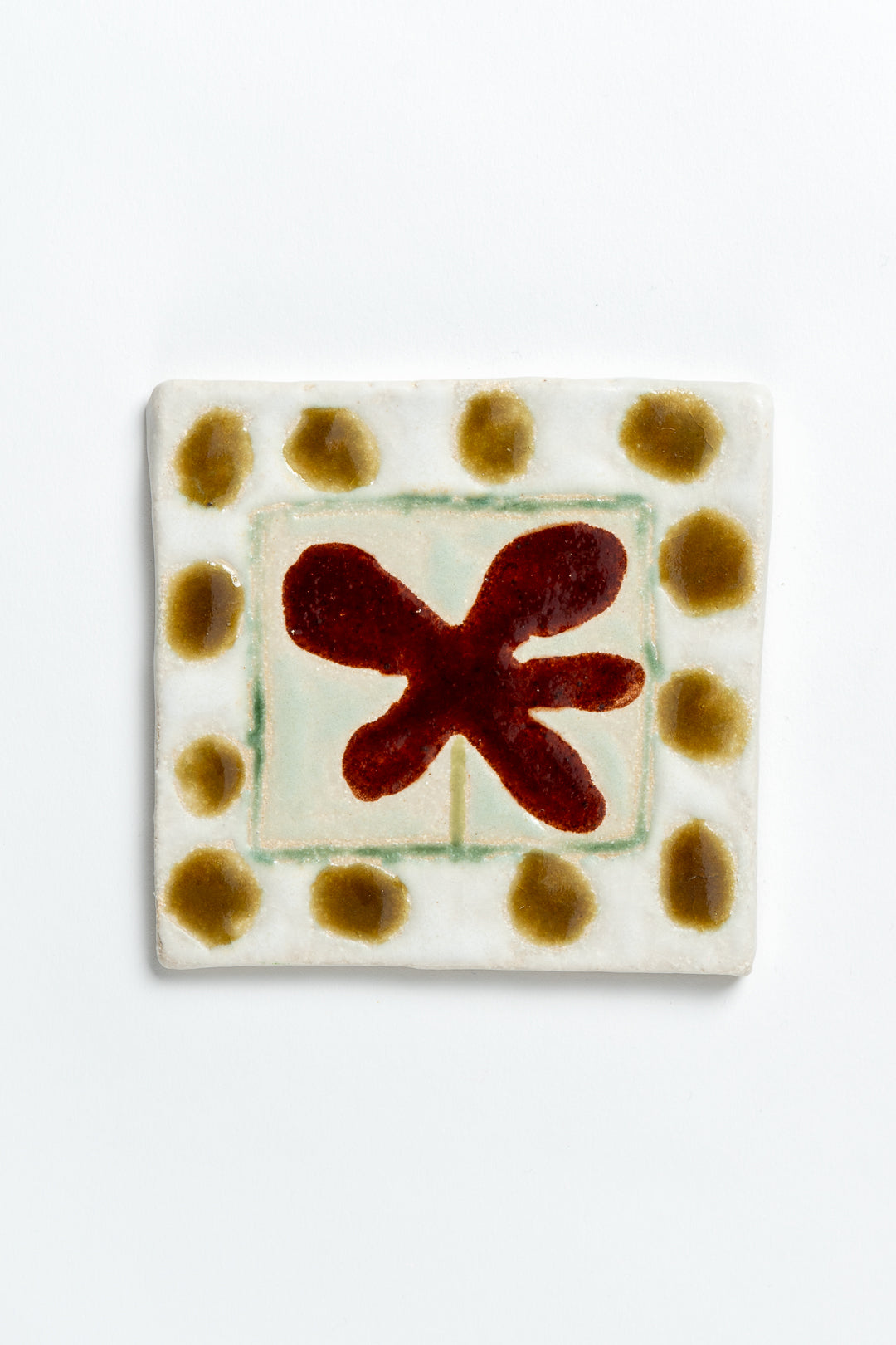 Hand Painted 'Framed Flower' Ceramic Tile Red