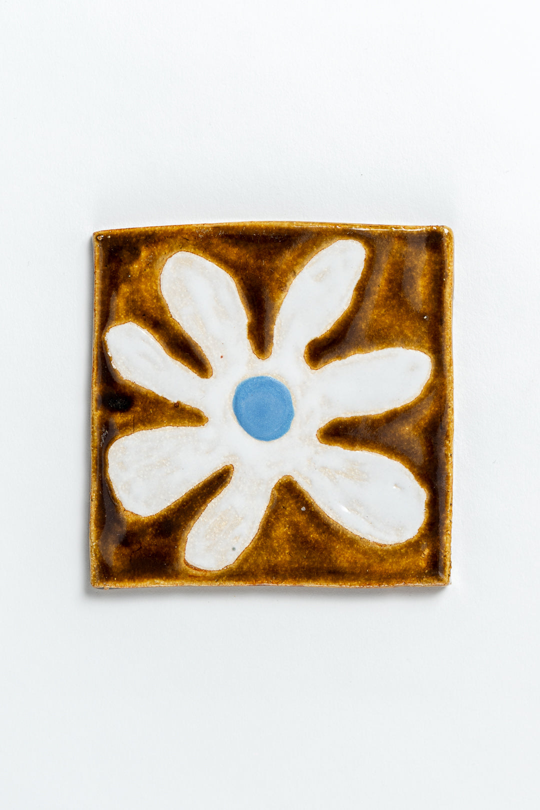 Hand Painted 'Flower' Ceramic Tile White & Blue