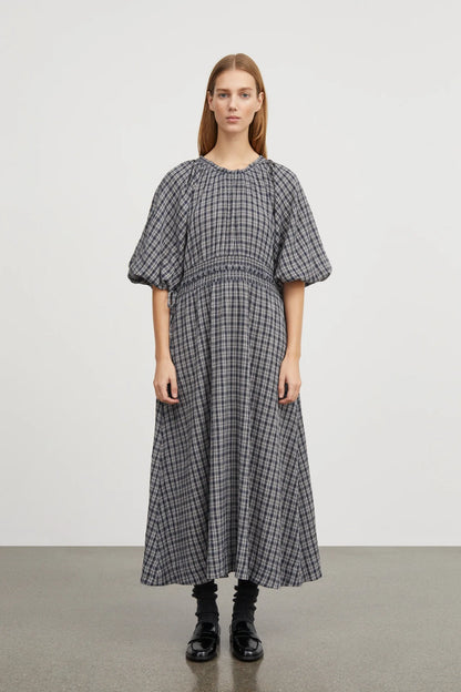 Organic Cotton Check Carola Dress Navy & Beige