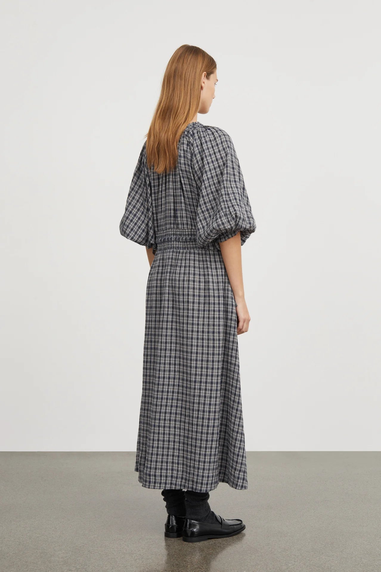 Organic Cotton Check Carola Dress Navy & Beige