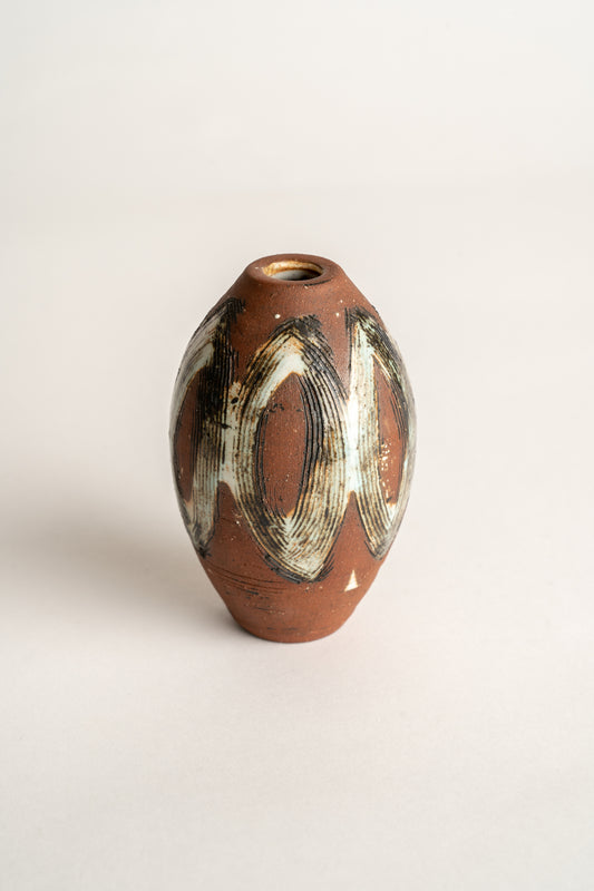 Curated Home & Grown Mid Century Art Pottery Sgraffito Bud Vase Attributed To Belgium
