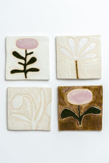 Hand Painted 'Flower' Ceramic Tile White