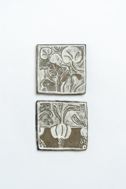 Hand Painted 'Allotment Leaves' Ceramic Tile White