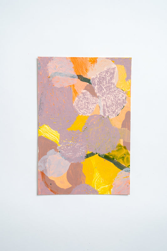 An abstract original painting by Bristol artist Jack Paffett featuring textured brushstrokes of lavender, yellow, orange, and dusty pink on a white background.