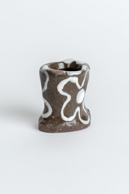 Hand Painted 'Flower' Candle Holder Brown & White