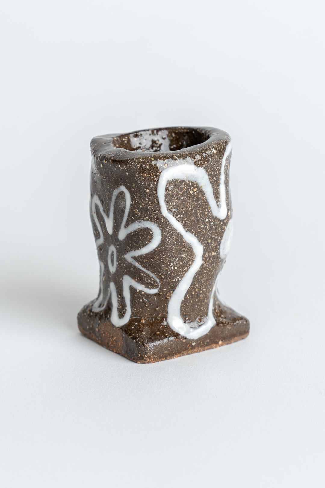 Hand Painted 'Flower' Candle Holder Brown & White