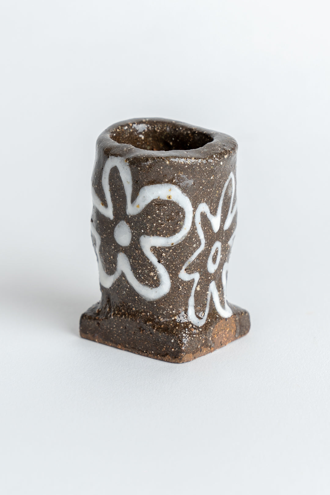 Hand Painted 'Flower' Candle Holder Brown & White