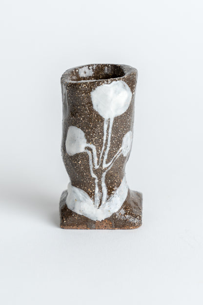 Hand Painted 'Flower' Candle Holder Brown & White