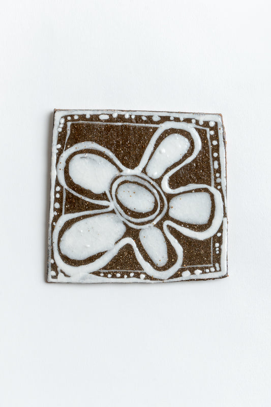 Hand Painted Ceramic 'Flower' Tile Brown & White