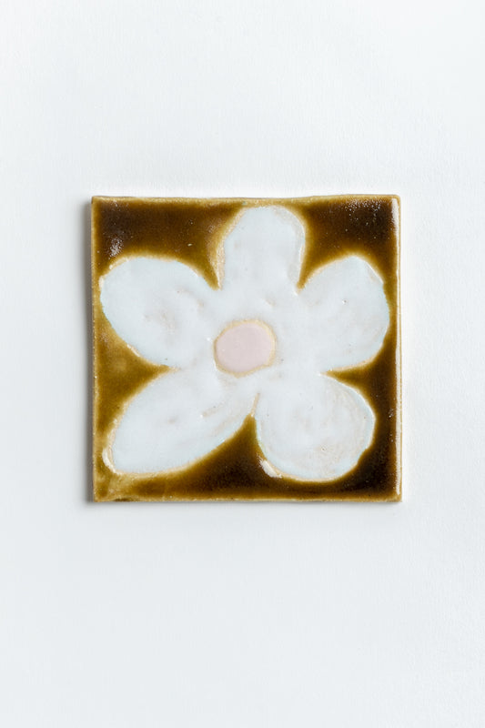 Hand Painted 'Flower' Ceramic Tile Ochre & White