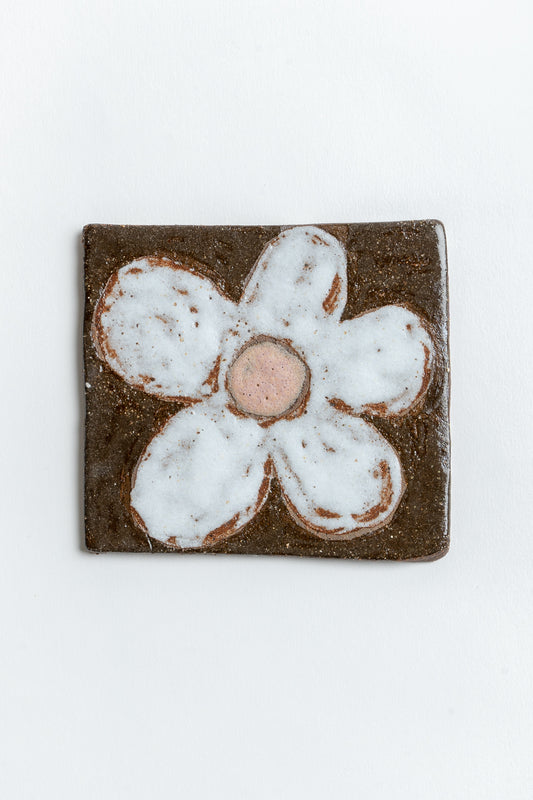 Hand Painted 'Flower' Ceramic Tile Brown, Pink & White