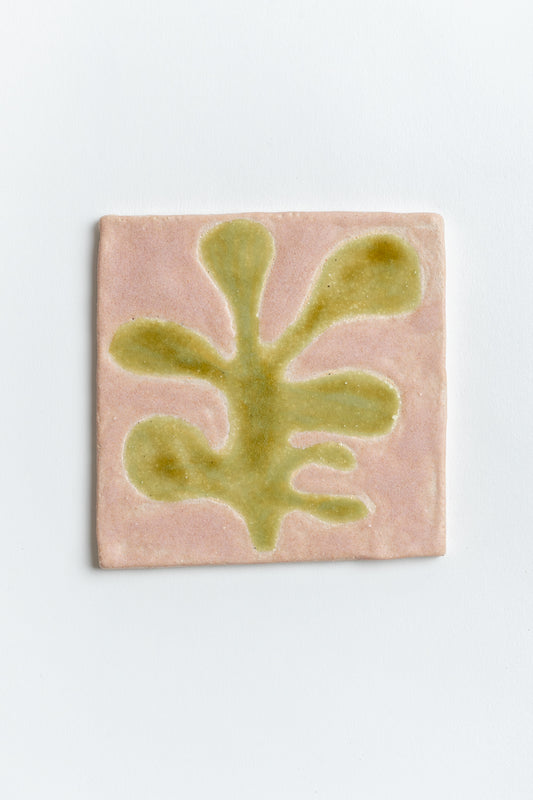 Hand Painted 'Leaf' Ceramic Tile Lime & Pink