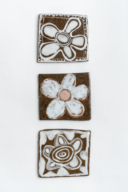 Hand Painted 'Flower' Ceramic Tile Ochre & White