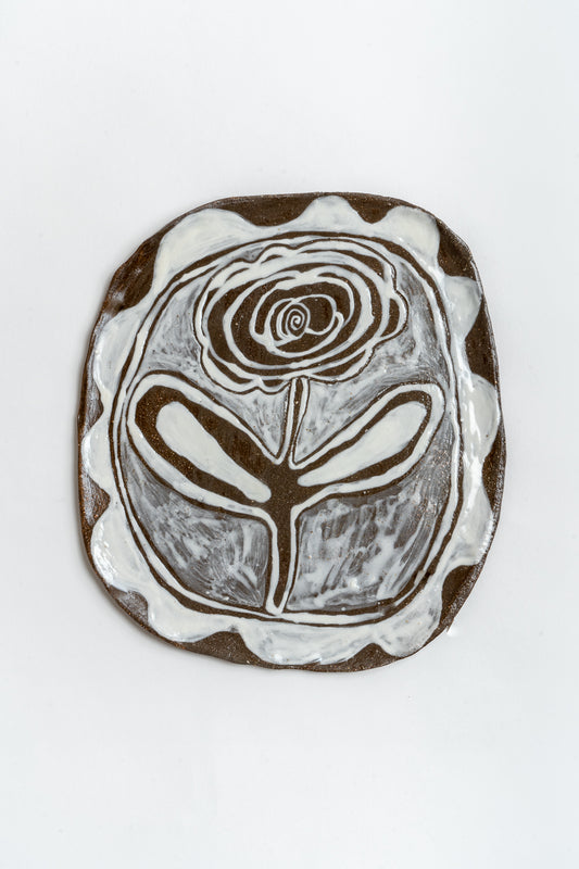 Hand Painted Ceramic 'Rose' Large Plate Brown & White