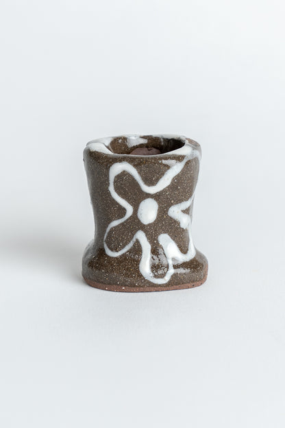 Hand Painted 'Flower' Candle Holder Brown & White