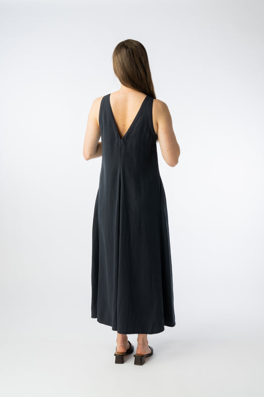 GOTS Organic Cotton & Linen/Tencel Back V Neck Dress Navy