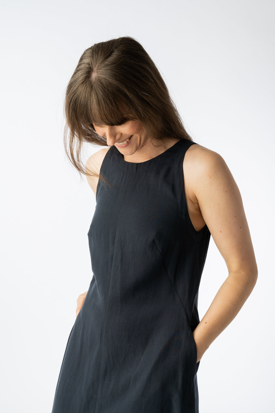 GOTS Organic Cotton & Linen/Tencel Back V Neck Dress Navy