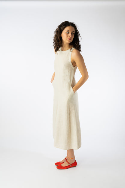 GOTS Organic Cotton & Linen Back V Neck Dress Oatmeal