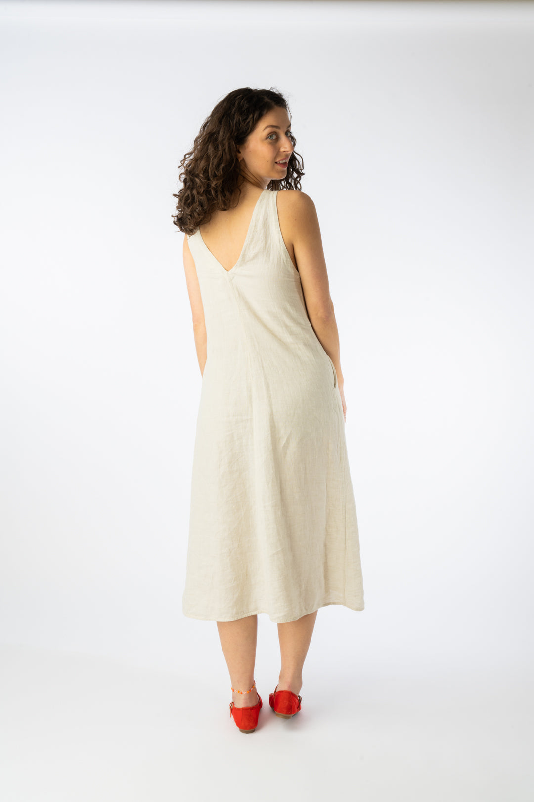 GOTS Organic Cotton & Linen Back V Neck Dress Oatmeal