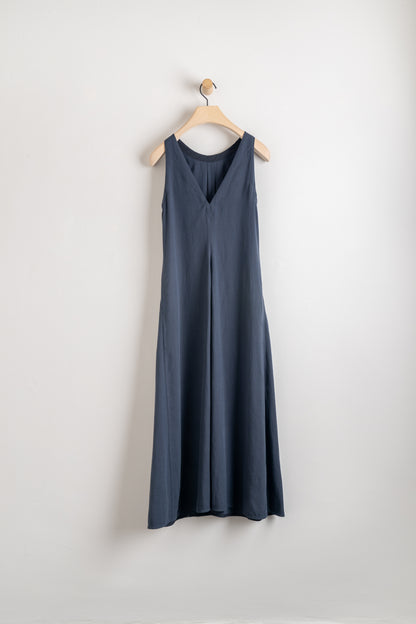 GOTS Organic Cotton & Linen/Tencel Back V Neck Dress Navy