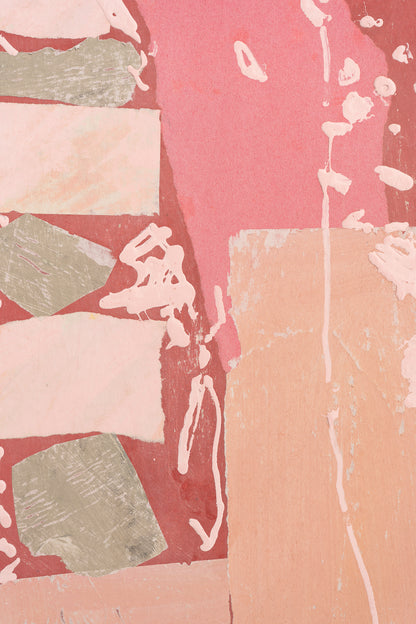 Abstract art with pink, green, and beige colors on a textured background by British artist Maisie Pack