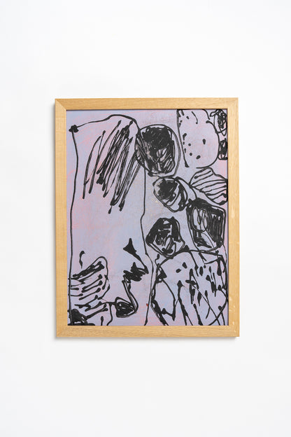 Framed abstract artwork with black lines on a light purple background by contemporary British artist Maisie Pack