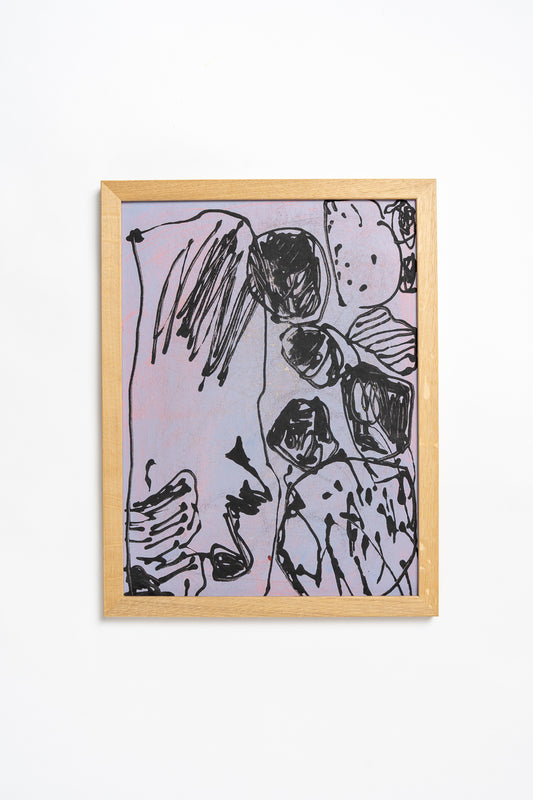 Framed abstract artwork with black lines on a light purple background by contemporary British artist Maisie Pack
