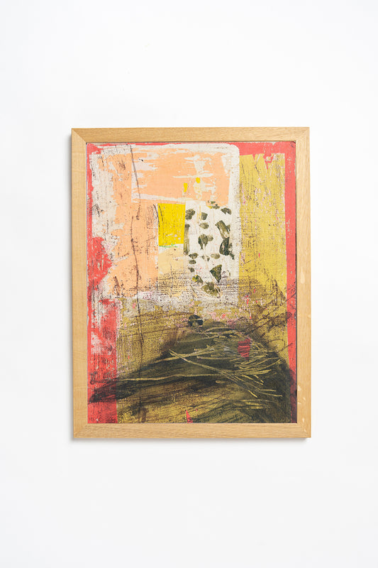 Abstract art piece with a wooden frame on a white background by contemporary British artist Maisie Pack