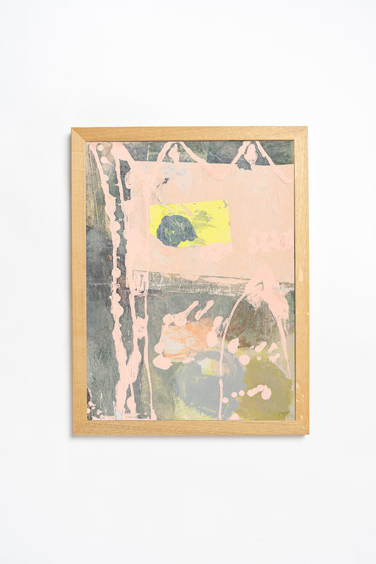 Framed artwork with a pink figure and abstract elements on a white background by British artist Maisie Pack