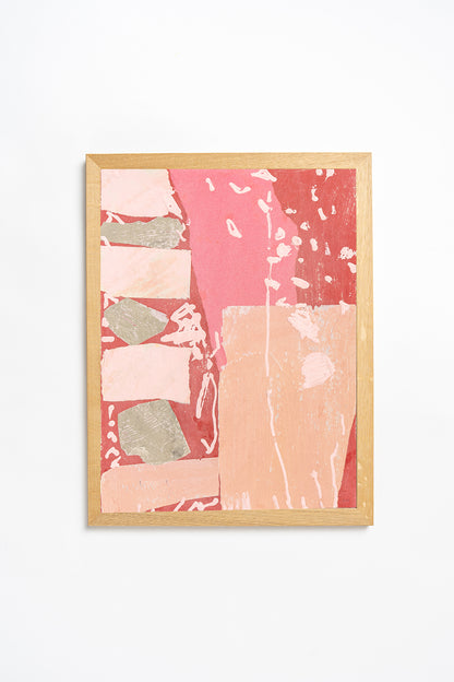 Framed abstract art with pink and beige colors on a white background by British artist Maisie Pack