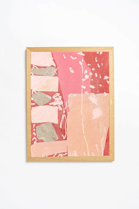 Framed abstract art with pink and beige colors on a white background by British artist Maisie Pack