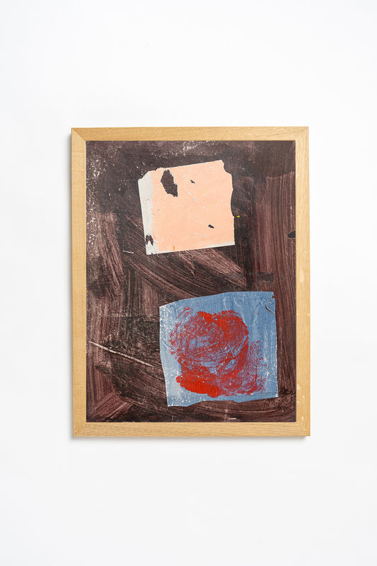 Abstract artwork with brown, blue, and red elements in a wooden frame on a white background by contemporary British artist Maisie Pack