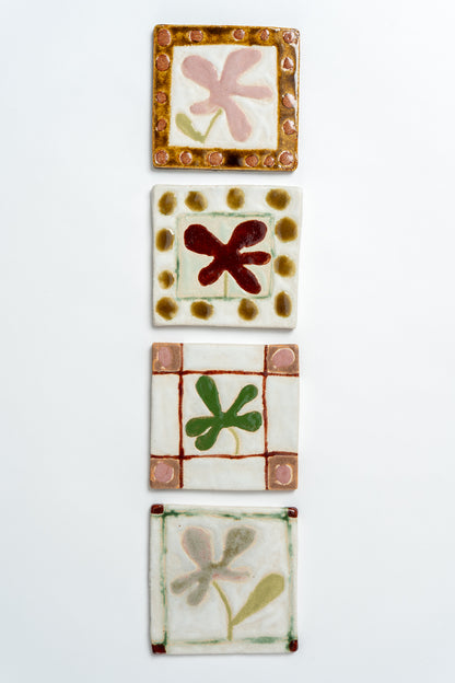 Hand Painted 'Framed Flower' Ceramic Tile Pink