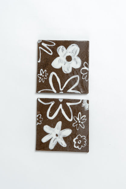 Hand Painted 'Flower Series 1/2' Ceramic Tile Brown & White