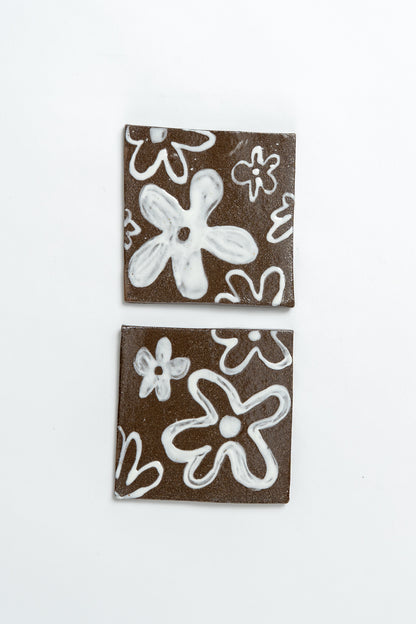Hand Painted 'Flower Series 2/2' Ceramic Tile Brown & White